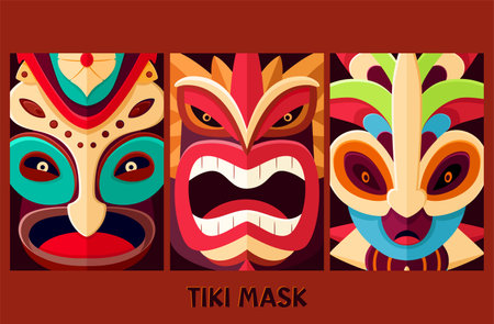 Set of card with Hawaiian traditional tribal tiki mask. Collection of poster with Polynesian masks or totems collection. African traditional wooden colourful mask. Vector illustration EPS8のイラスト素材