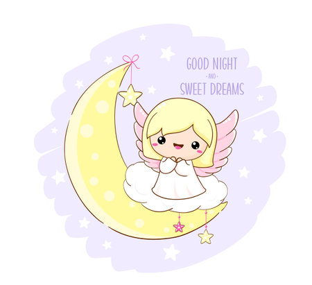 Cute Christmas angel on moon. Inscription Good night and sweet dreams. Little angel on crescent. Can be used for childish t-shirt prints, nursery poster, baby shower greeting card. Vector EPS8のイラスト素材