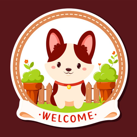 Welcome sign with puppy. Pet friendly label with Inscription Welcome. Stamp or sticker with cute dog in garden. Can be used for hotel, Vet clinic, pet shop. Vector illustration EPS8のイラスト素材