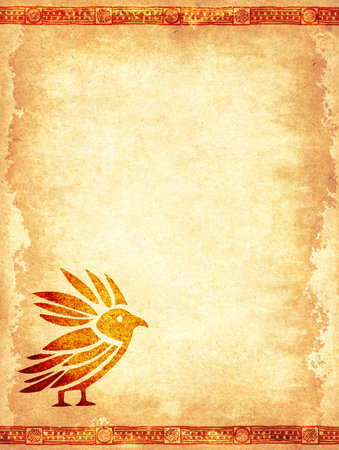 Vertical grunge background with border and bird, ethnicity ornament and paper texture. Retro backdrop with african tribal motifs frame. Mock up template. Copy space for textの写真素材