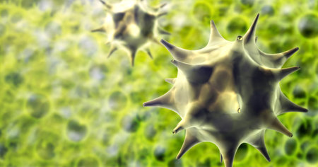 Horizontal or vertical banner with pathogenic bacterias and viruses. Virus under microscope. Fast multiplication of bacteria. Infection and microbe. Copy space for text. 3d renderの写真素材