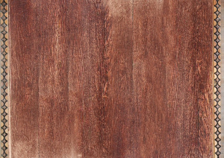 Texture of vintage wood boards with carved decorative border. Vertical or horizontal retro background with old wooden planks and geometric ornament. Mock up template. Copy space for textの写真素材