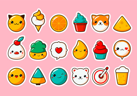Set of stickers in kawaii style. Cute eye-catching tag, label collection with cute kitty, dog, emoji, ice cream, fruit. Collection of trendy sticker with cartoon characters. Vector illustration EPS8のイラスト素材