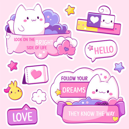Set of stickers with cat in kawaii style and Inspirational positive quote. Cute eye-catching tag, label collection with cute kitty, bubble speech. Affirmation for kids playroom, nursery. Vector EPS8のイラスト素材