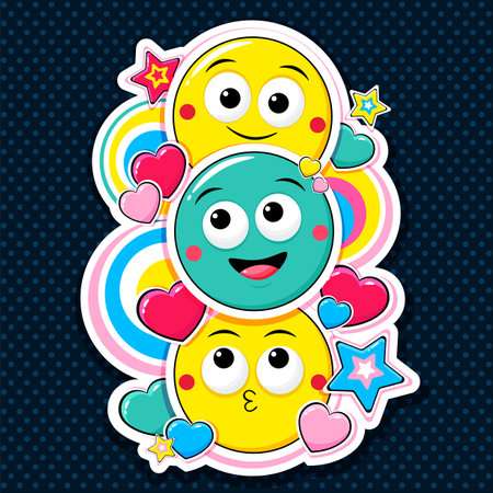 Eye-catched card with cute emoticons with different mood. Cartoon emoji faces in different expressions - happy, surprised, crazy. Can be used for t-shirt print, sticker, greeting card. Vector EPS10のイラスト素材