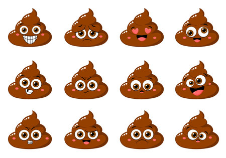 Collection of Cute funny poop with different mood. Set of cartoon poo emoji faces in different expressions - happy, sad, cry, fear, crazy. Vector illustration EPS8のイラスト素材