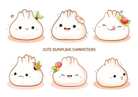 Set of cartoon traditional chinese dumpling. Collection of cute dumpling in kawaii style. Vector illustration EPS8のイラスト素材