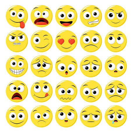 Collection of emoticons with different mood. Set of volumetric cartoon emoji faces in different expressions - happy, sad, cry, fear, crazy. Vector illustration EPS8のイラスト素材