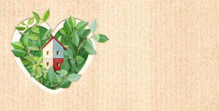 Eco friendly house. Wooden home model, heart shape hole and green leaves on cardboard texture. Ecology, go green, Green Energy, Renewable Power, environmental and conservation protection conceptの写真素材