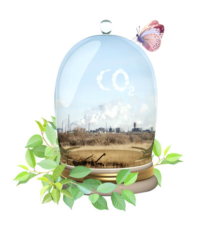 Environmental pollution, net CO2 footprint neutralize development. Glass protective cap catching factory harmful cloud, green leaves. Ecology, conservation protection concept. Isolated on white. 3dの写真素材