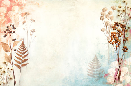 Retro background with dry pressed leaves and flowers on paper texture. Craft eco paper sheet backdrop with grunge textured and herbarium. Nostalgic scrapbooking banner with vintage cardboard materialの写真素材