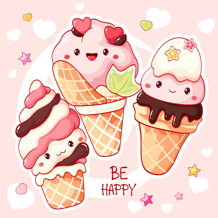 Summer card with cute dessert in kawaii style. Strawberry ice cream with whipped cream and berry. Inscription Be happy. Can be used for t-shirt print, sticker, greeting card. Vector illustration EPS8のイラスト素材