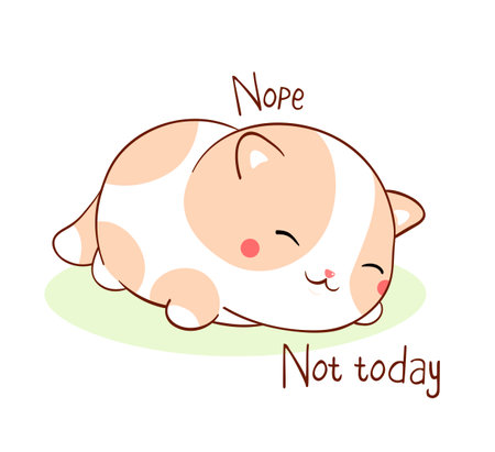 Square card with a lying lazy cat and inscription Nope Not today. Funny sleeping fat cat in kawaii style. Vector illustration EPS8のイラスト素材