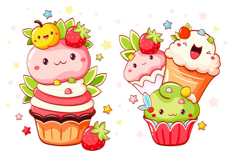 Set of cute sweet desserts in kawaii style with smiling face and pink cheeks. Cake, muffin and cupcake with whipped cream, cherry and strawberry. Vector illustration EPS8のイラスト素材