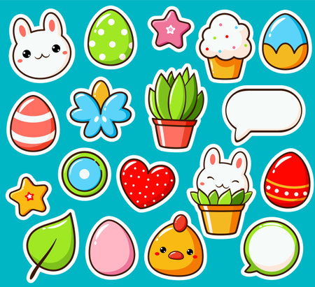Set of Easter stickers in kawaii style. Cute eye-catching Easter tag, label collection with cute bunny, egg, plant. Collection of trendy sticker with cartoon characters. Vector illustration EPS8のイラスト素材
