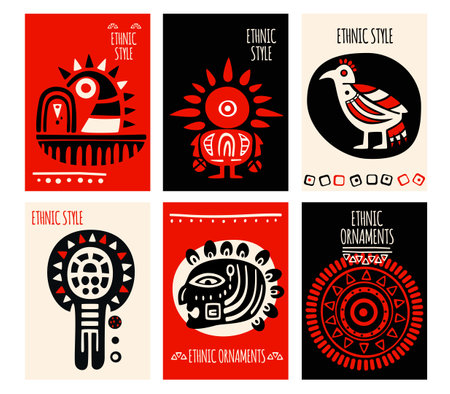 Set of eye-catched card, banner, background, flyer, placard with ethnic ornaments. Collection of cards, gift tags, labels or posters templates with mexican tribal motifs. Vector illustration EPS8のイラスト素材