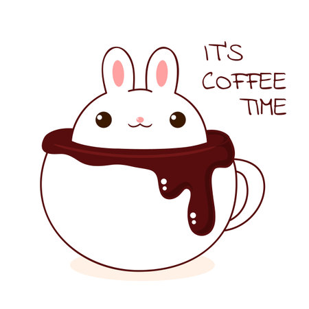 Square retro card with cute animal in cup in kawaii style. Vintage style card with lovely little bunny in cup. Can be used for t-shirt print, stickers, greeting card design. Vector illustration EPS8のイラスト素材