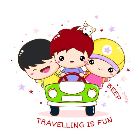 Cute traveler friends rides in the car. Three adventurers boys and dog by car. Inscription Travelling is fun. Can be used for kids room poster, print, t-shirt design. Vector illustration EPS8のイラスト素材