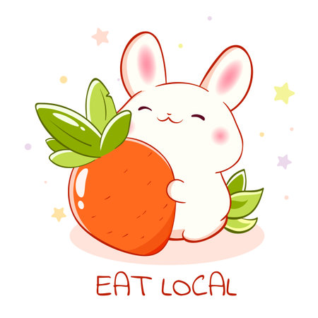 Card in kawaii style with cute little bunny with carrot. Local natural and organic food concept. Inscription Eat Local. Can be used for t-shirt print, sticker, greeting card. Vector illustration EPS8のイラスト素材