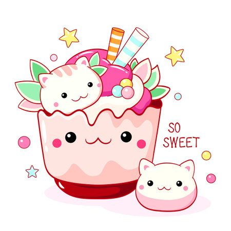 Cute cat-shaped dessert in kawaii style. Cake, muffin and cupcake with whipped cream and berry. Inscription So sweet. Can be used for t-shirt print, sticker, greeting card. Vector illustration EPS8のイラスト素材