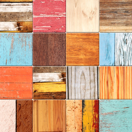 Square background with wooden pattern of different colors. Samples textures of wooden flooring laminate. Parquet timber sample set. Natural material template. Collection of lumber textureの写真素材