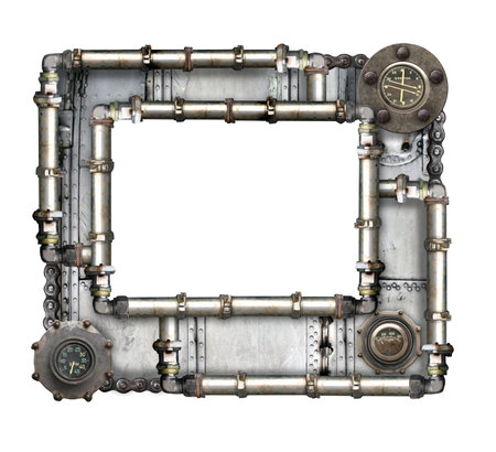 Metallic frame with vintage metal details, pipelines, gear, retro rivets. Isolated on white background. Mock up template. Copy space for text. Can be used for steampunk, industrial, mechanical designの写真素材