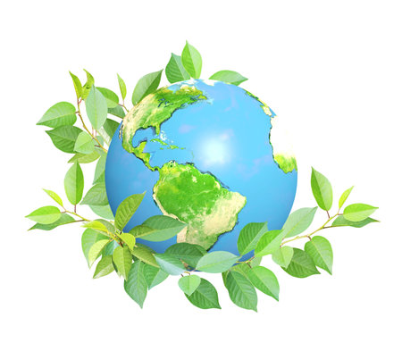 Earth day. Earth on green leaves. Ecology, go green, environmental and conservation protection concept. Isolated on white background. 3d renderの写真素材
