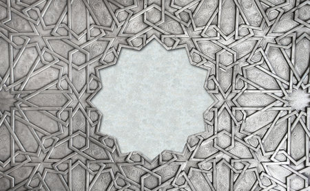 Frame with traditional islamic ornament. Copper window shutter with antique and national moroccan floral pattern. Oriental ornaments with artistic with chasing for brass. Copy space for textの写真素材