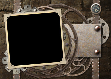 Grunge retro background in steampunk style with photo frame, vintage metal details, pipelines, gear. Mock up template. Copy space for text. Can be used for steampunk, industrial, mechanical designの写真素材