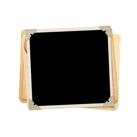 Retro photo frame, vintage envelope and old paper card. Nostalgic scrapbooking backdrop. Mock up template. Copy space for text. Isolated on white backgroundの写真素材
