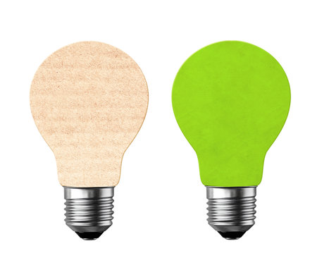 Set of paper light bulb shapes. Light bulb in paper cut style. Ecological technology, eco friendly, sustainable environment, saving energy, conserving resource concept. Isolated on white backgroundの写真素材
