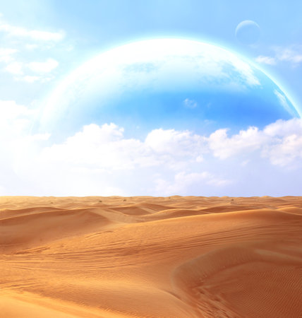 Fantastic scenic with sand desert and planets in sky. Beautiful landscape with red sand dunes and three planets in blue sky. 3d renderの写真素材
