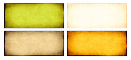 Set of horizontal or vertical banners with cardboard texture of green, yellow and beige color. Collection of backdrop with paper texture. Paper cardboard background. Recycled carton materialの写真素材
