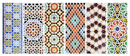 Set of vertical or horizontal banners with detail of ancient mosaic walls with floral and geometric ornaments. Collection of backgrounds with traditional iranian tile decorationsの写真素材