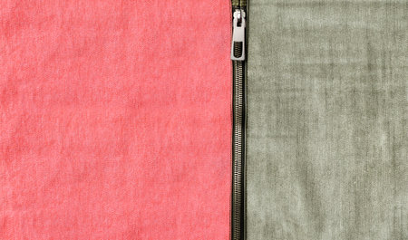 Dark green and pink denim background with zipper. Khaki and coral color denim jeans fabric texture and close zip. Copy space for textの写真素材