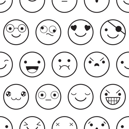 Seamless monochrome black and white pattern with emoticons. Emoji faces in different expression. Endless texture can be used for textile pattern fills, t-shirt design, web page background. Vector EPS8のイラスト素材