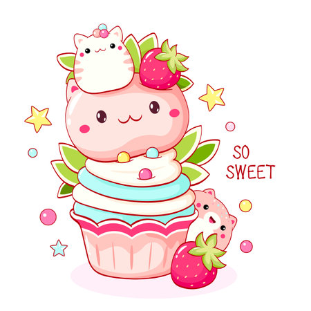 Cute cat-shaped dessert in kawaii style. Cake, muffin and cupcake with whipped cream and berry. Inscription So sweet. Can be used for t-shirt print, sticker, greeting card. Vector illustration EPS8のイラスト素材