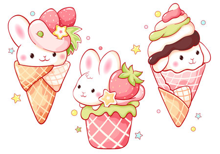 Collection of summer kawaii style animal-shaped dessert. Strawberry ice cream with whipped cream. Set of cute bunny-shaped dessert. Can be used for t-shirt print, sticker, greeting card. Vector EPS8のイラスト素材
