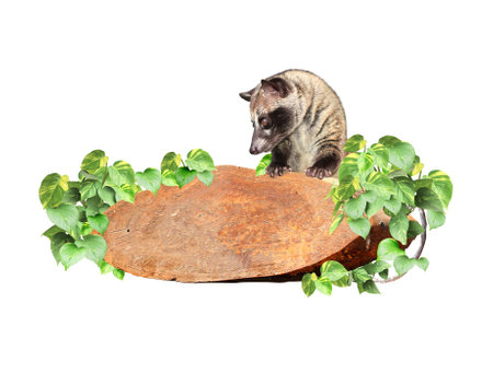 Vintage wooden board with liana branches, tropical leaves and Asian Palm Civet. Exotical decor with wood plank, jungle plants and Civet cat. Copy space for text. Isolated on white backgroundの写真素材