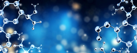Horizontal banner with model of abstract molecular structure. Background of blue color with glass atom model. Copy space for your text. 3d renderの写真素材