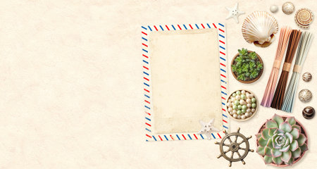Travel background with retro postcard, ceramic bead, starfish, succulent, flavour sticks, shell. Ecology, environmental conservation and zero waste concept. Desktop mock-up scene. Copy space for textの写真素材