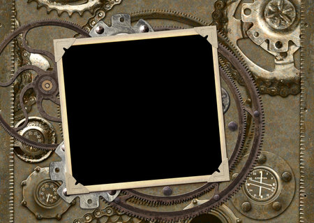 Grunge retro background in steampunk style with photo frame, vintage metal details, pipelines, gear. Mock up template. Copy space for text. Can be used for steampunk, industrial, mechanical designの写真素材