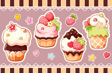 Set of stickers with cute sweet desserts in kawaii style. Cake, muffin and cupcake with whipped cream, cherry and strawberry. Vector illustration EPS8のイラスト素材