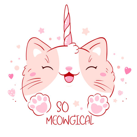 Cute card in kawaii style. Lovely unicorn cat with pink hearts. Inscription So meowgical. Happy smiling kitten unicorn. Can be used for t-shirt print, stickers, greeting card design. Vector EPS8のイラスト素材