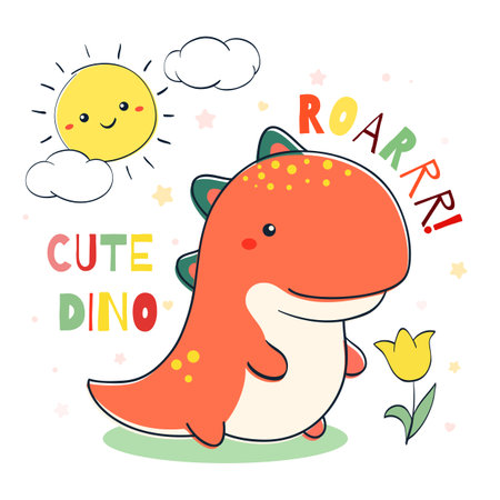 Doodle style illustration with cute dino, cloud, sun and flower. Sketch in hand drawn style with smiling cartoon dinosaur. Can be used for kids room poster, card, print, t-shirt design. Vector EPS8のイラスト素材
