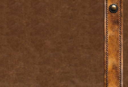 Horizontal or vertical leather background of brown colors and decorative belt with braided edging and metal rivet. Decorative backdrop with cowhide texture and braided edge. Copy space for textの写真素材