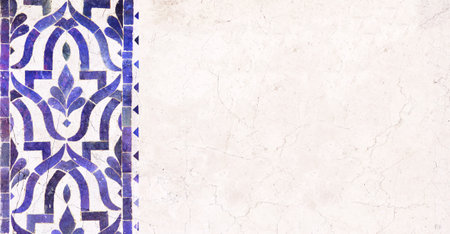Detail of traditional persian mosaic wall with geometrical and floral ornament, Iran. Horizontal or vertical background with ceramic tile. Mock up template. Copy space for textの写真素材