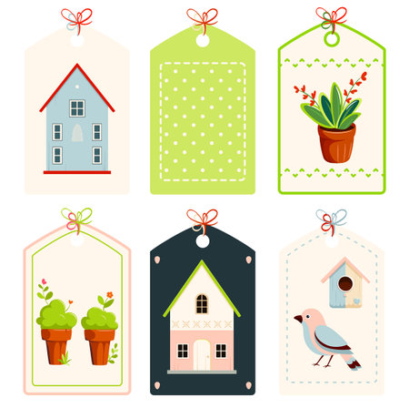 Home sweet home. Set of cute tag in retro style. Collection of vintage label with toy wood house, bird, plant in clay pot. House insurance, mortgage, buying and rent concept. Vector illustration EPS8のイラスト素材