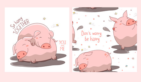 So happy together. Vector set of seamless pattern and one print with happy piglets sleeping in mud puddle. Endless texture can be used for textile pattern fills, t-shirt design, web page backgroundのイラスト素材