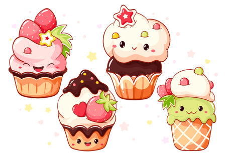 Set of cute sweet desserts in kawaii style with smiling face and pink cheeks. Cake, muffin and cupcake with whipped cream, strawberry. Vector illustration EPS8のイラスト素材